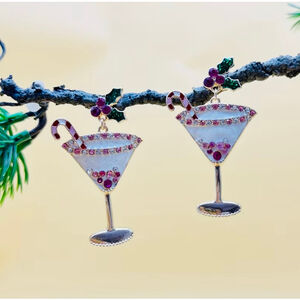 Candy Cane Martini Christmas Mistletoe Earrings